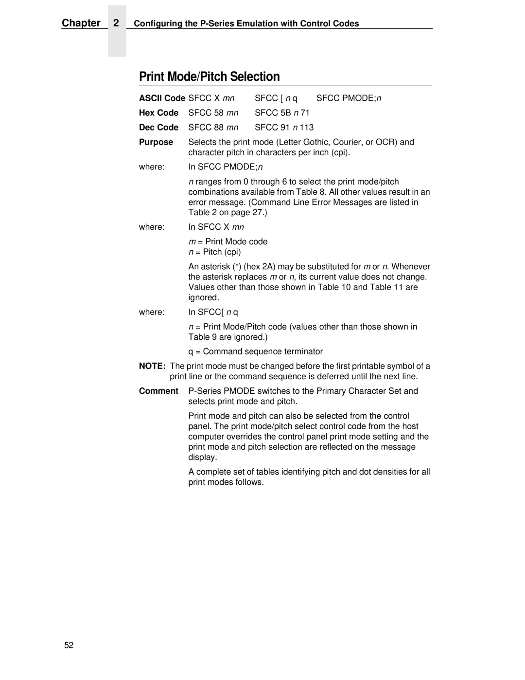 IBM 4400 manual Print Mode/Pitch Selection, Ascii Code Sfcc X mn 