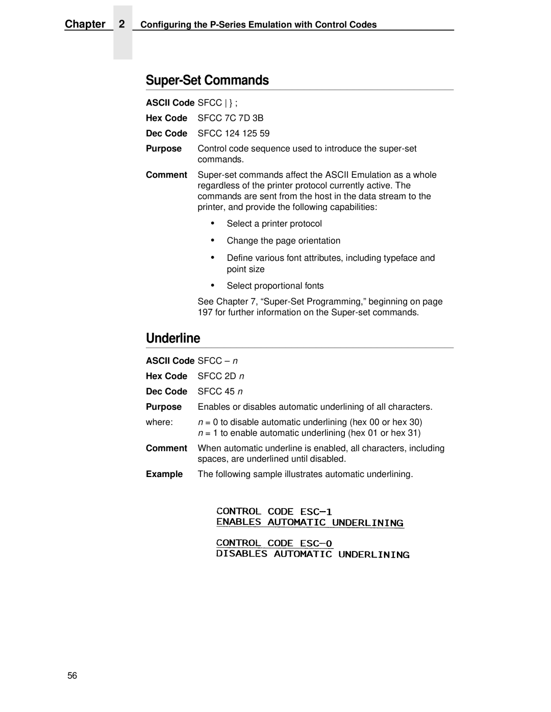 IBM 4400 manual Super-Set Commands, Underline, Ascii Code Sfcc 