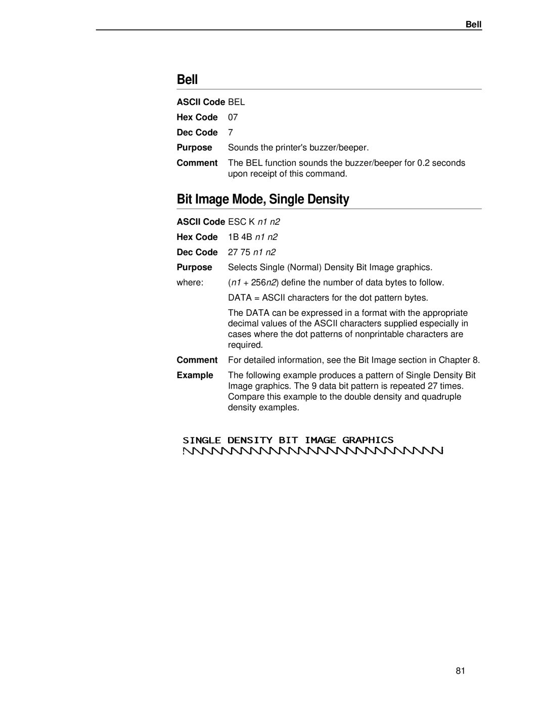 IBM 4400 manual Bit Image Mode, Single Density, Bell, Ascii Code ESC K n1 n2 Hex Code 