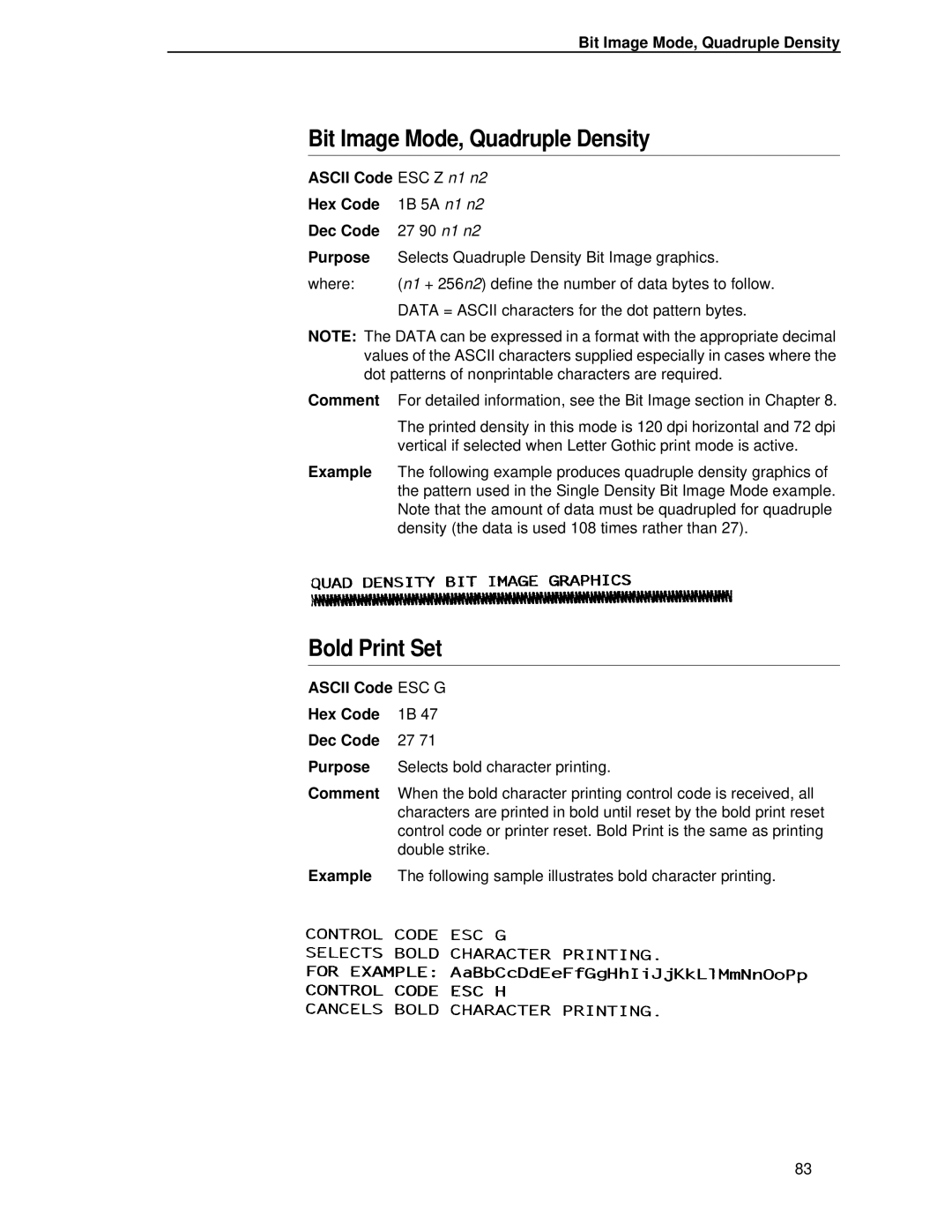 IBM 4400 manual Bit Image Mode, Quadruple Density, Bold Print Set, Ascii Code ESC Z n1 n2 Hex Code 