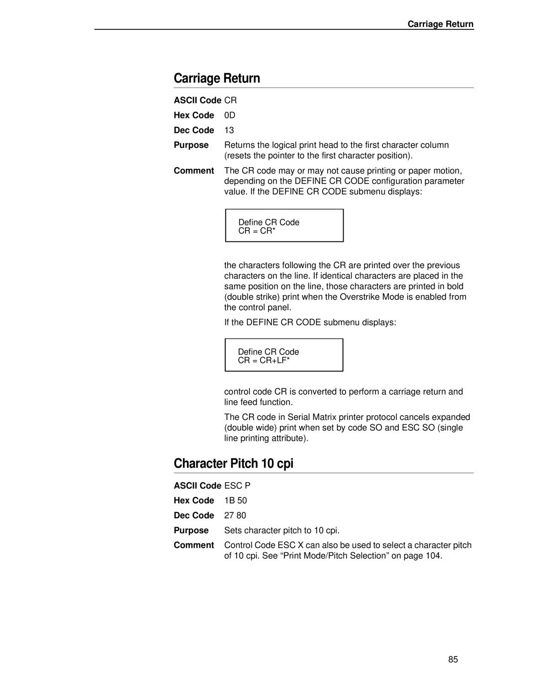 IBM 4400 manual Character Pitch 10 cpi, Carriage Return, Ascii Code ESC P Hex Code Dec Code Purpose 