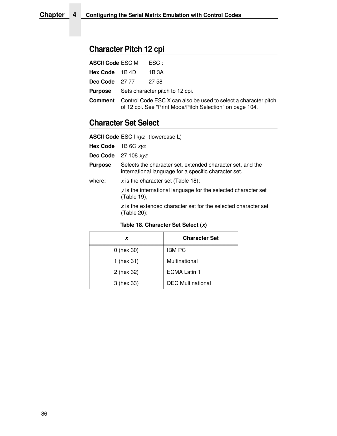 IBM 4400 manual Character Pitch 12 cpi, Ascii Code ESC M, Dec Code Purpose, Character Set 