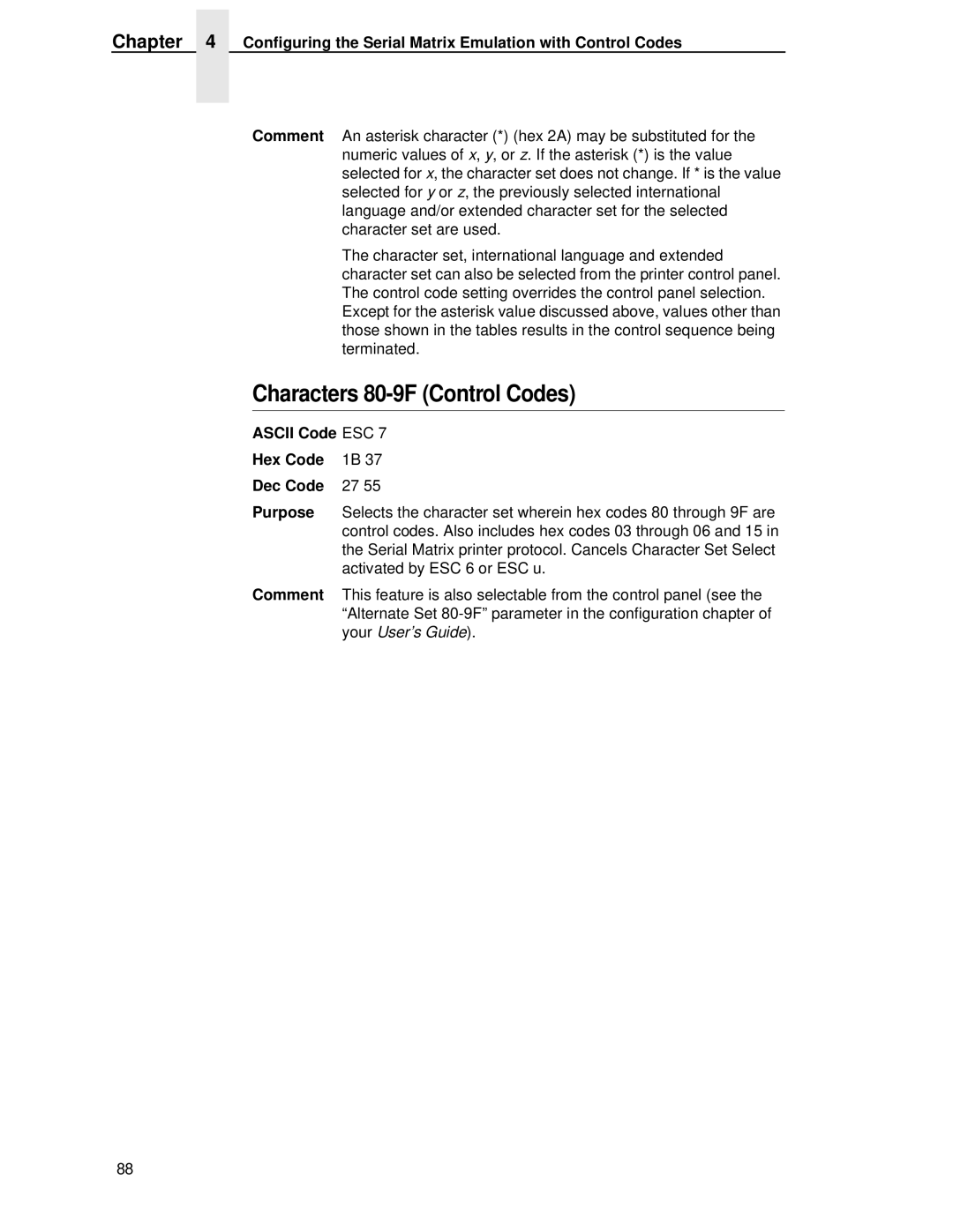 IBM 4400 manual Characters 80-9F Control Codes, Ascii Code ESC Hex Code Dec Code Purpose 