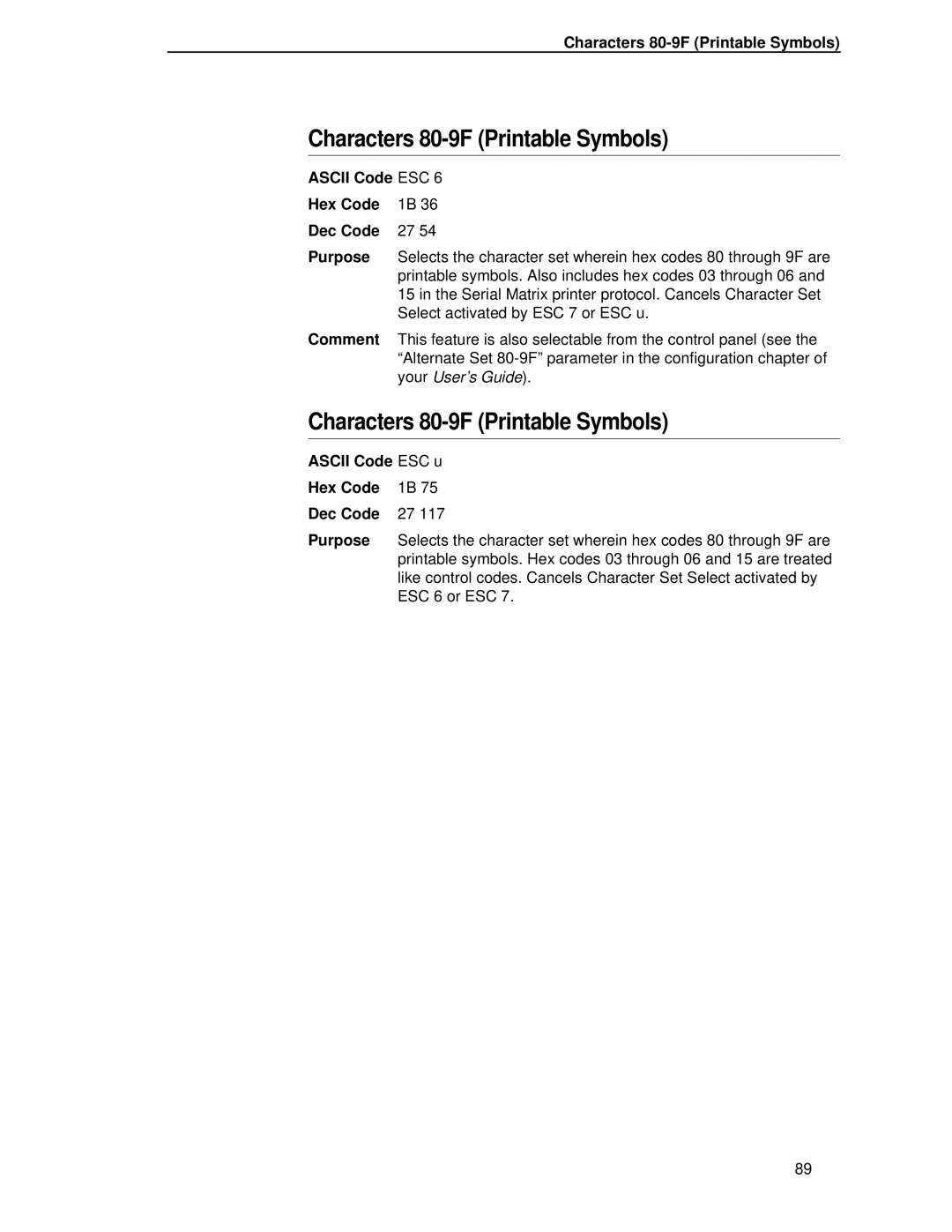 IBM 4400 manual Characters 80-9F Printable Symbols, Ascii Code ESC u Hex Code Dec Code Purpose 