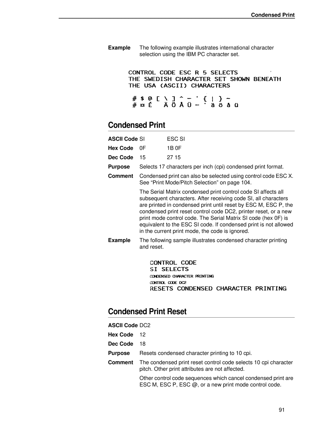 IBM 4400 manual Condensed Print Reset, Ascii Code SI, Ascii Code DC2 Hex Code Dec Code 