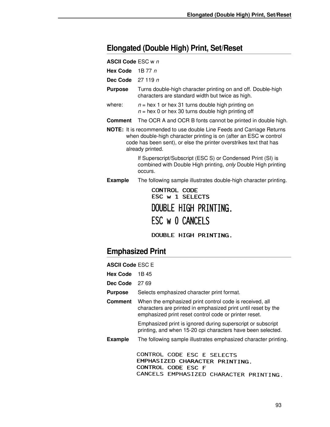 IBM 4400 manual Ascii Code ESC w n Hex Code, Ascii Code ESC E Hex Code Dec Code Purpose 