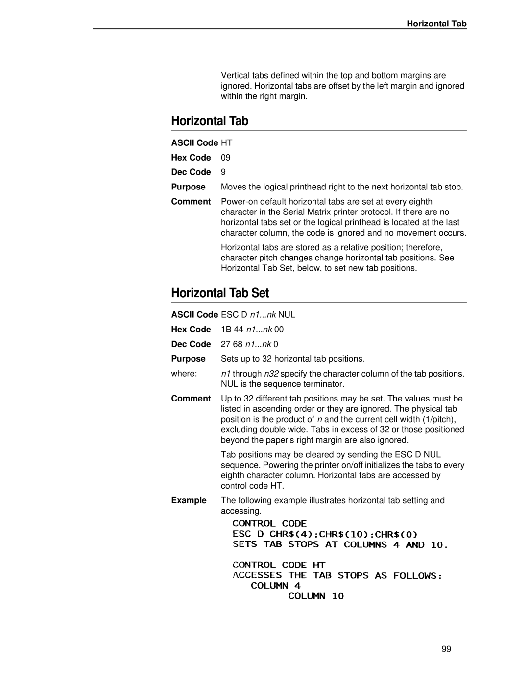 IBM 4400 manual Horizontal Tab Set, Ascii Code HT Hex Code Dec Code 