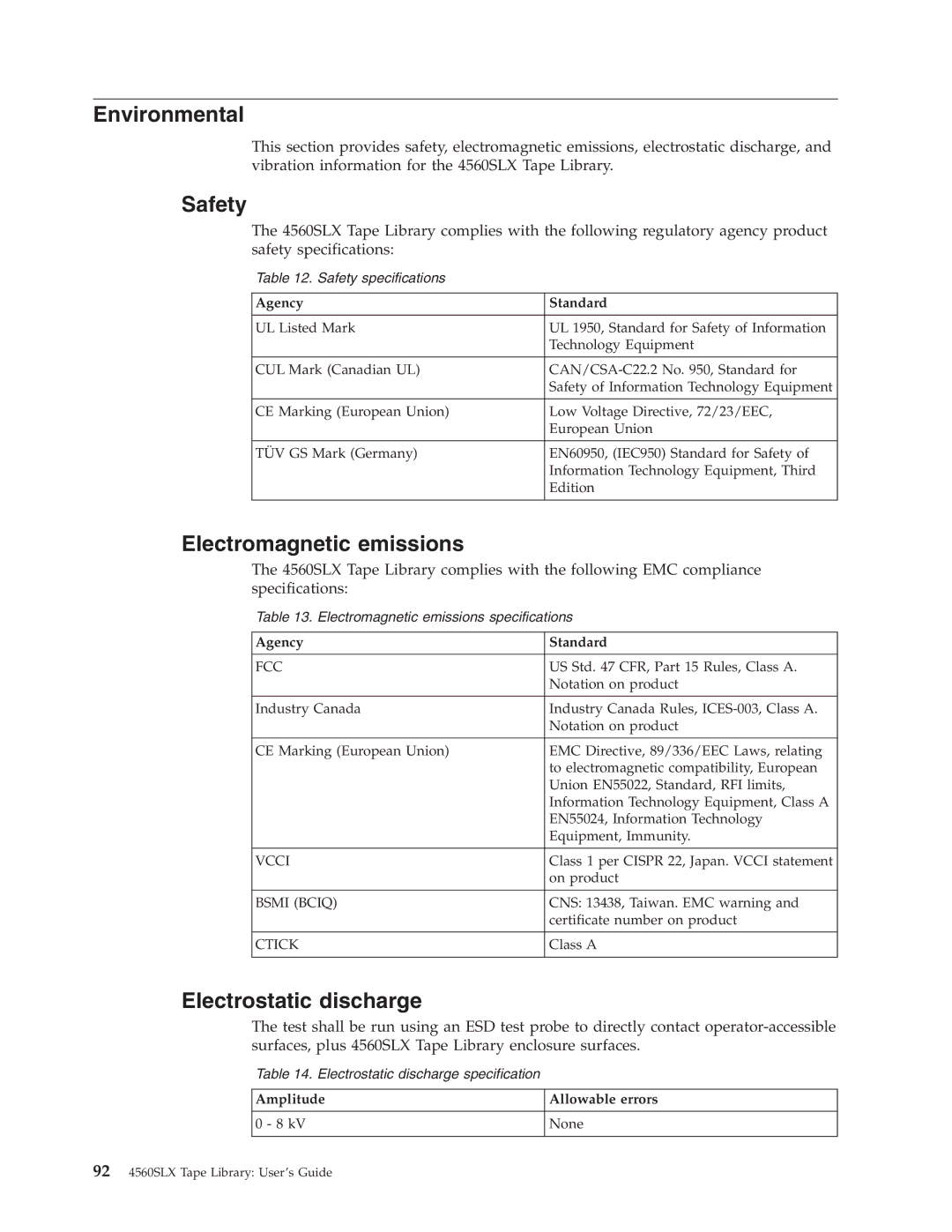 IBM 4560SLX warranty Environmental, Safety, Electromagnetic emissions, Electrostatic discharge 