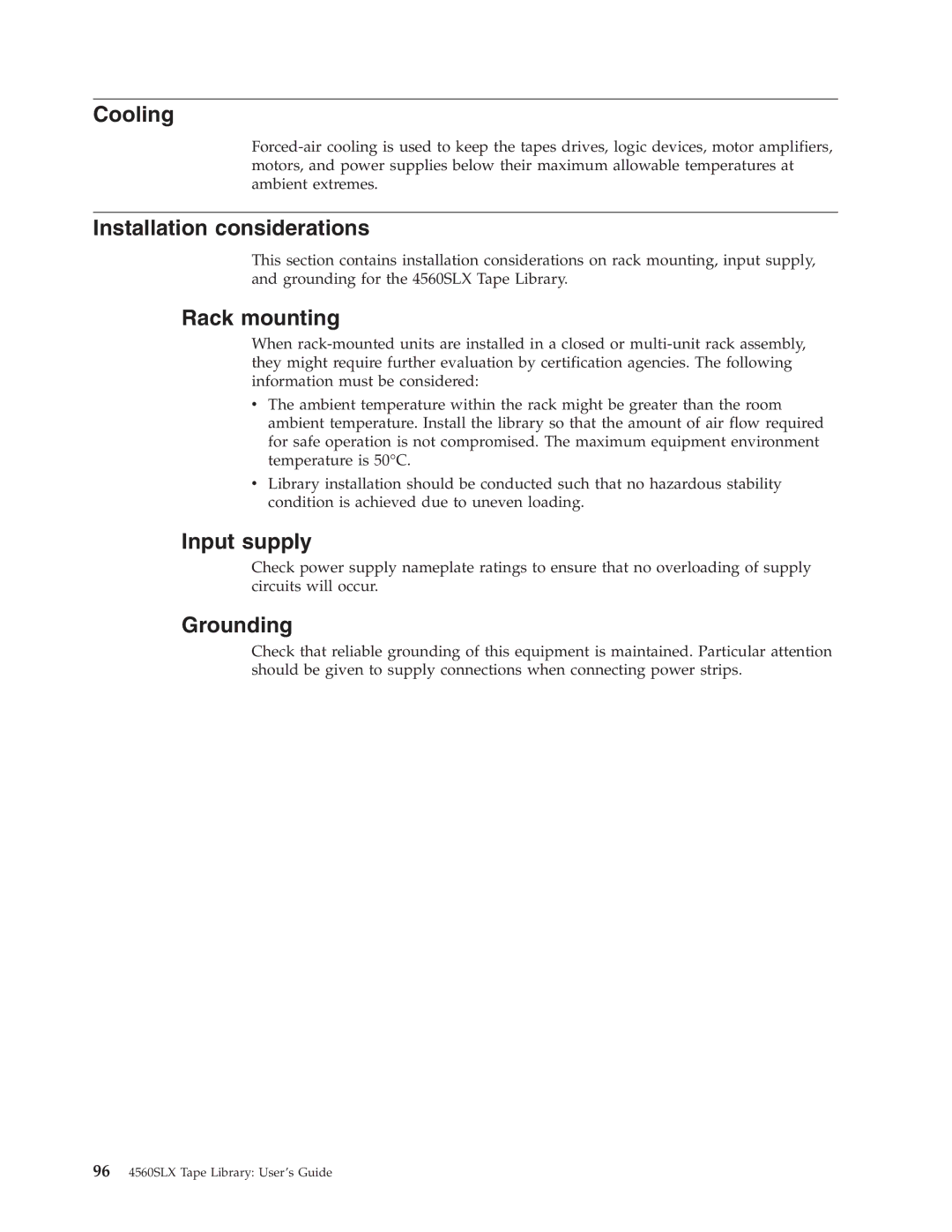 IBM 4560SLX warranty Cooling, Installation considerations, Rack mounting, Input supply, Grounding 