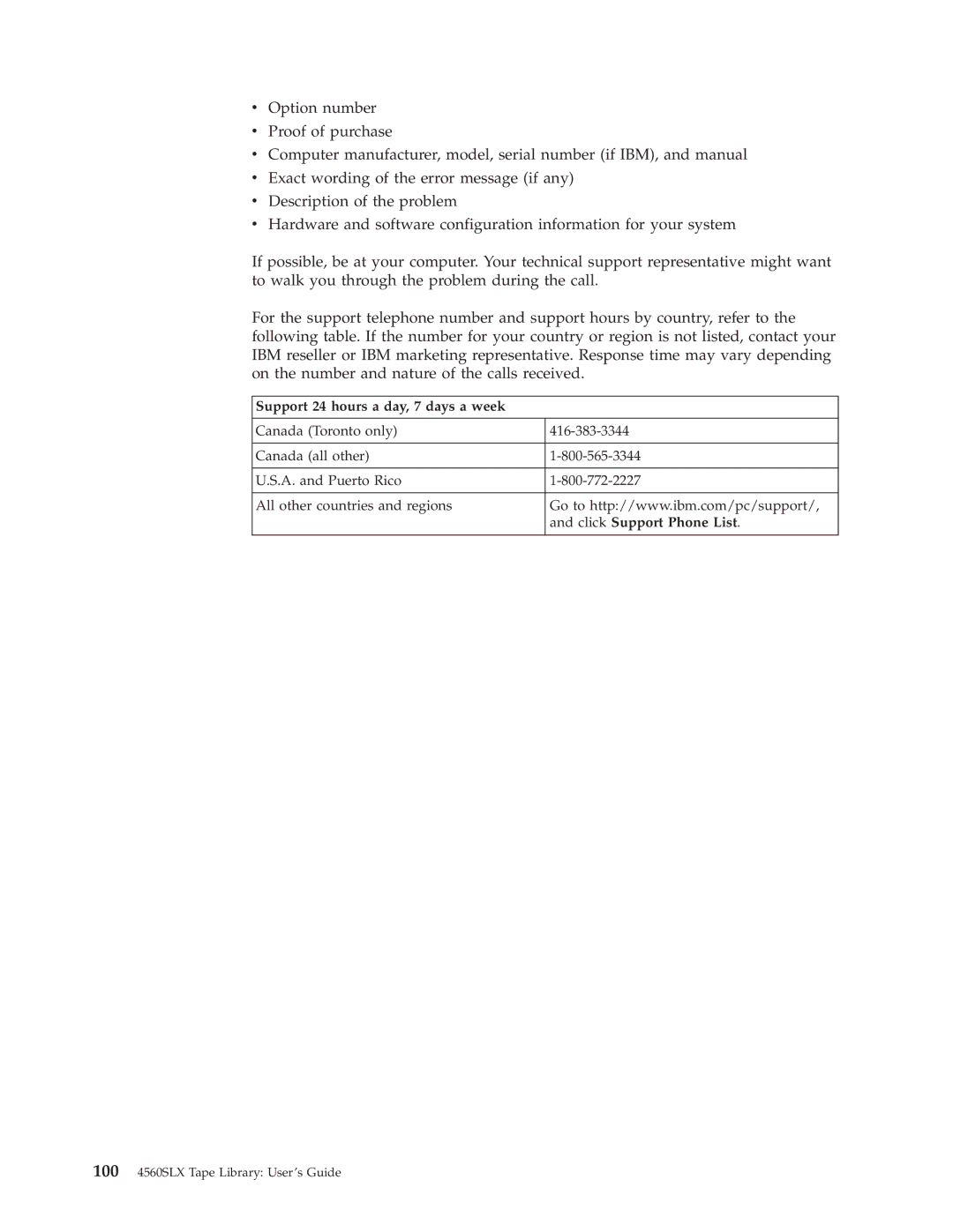 IBM 4560SLX warranty Support 24 hours a day, 7 days a week, Click Support Phone List 