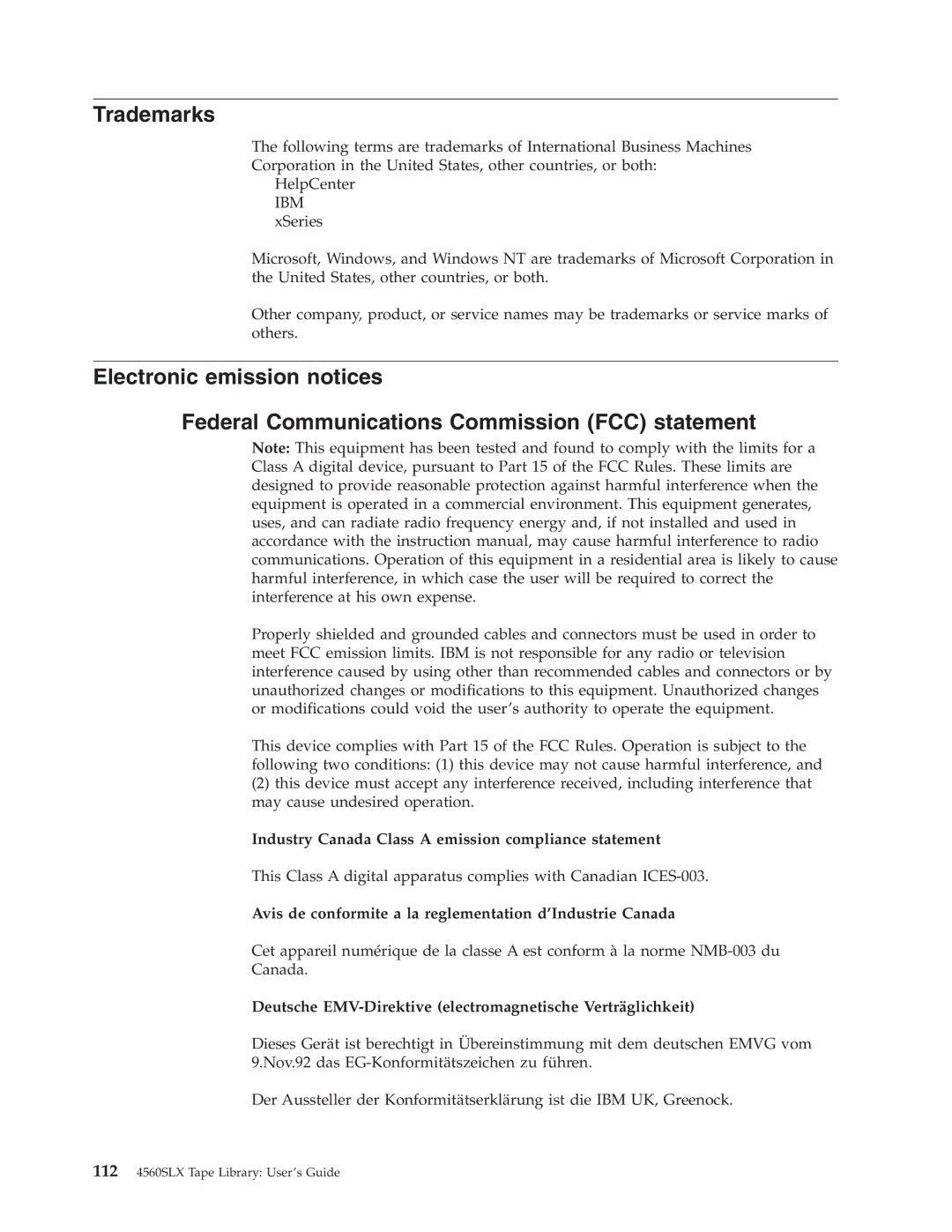 IBM 4560SLX warranty Trademarks, Deutsche EMV-Direktive electromagnetische Verträglichkeit 