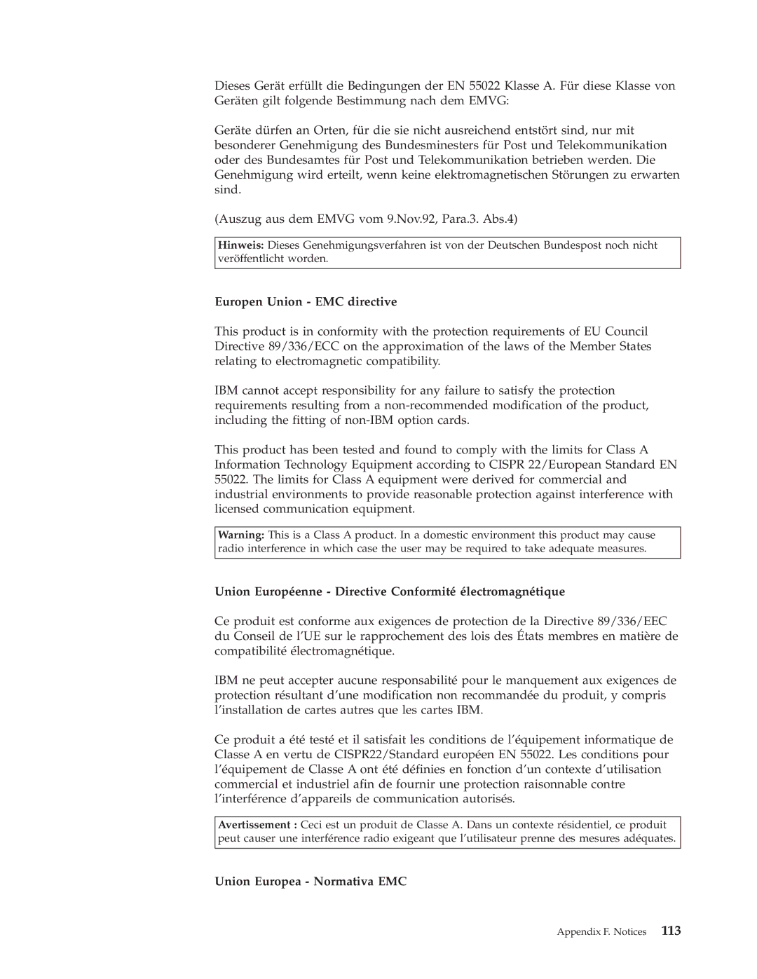 IBM 4560SLX warranty Europen Union EMC directive 