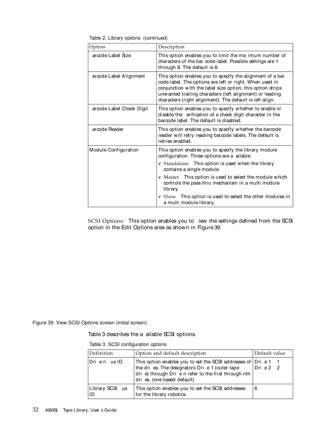 IBM 4560SLX warranty Describes the available Scsi options, Definition Option and default description Default value 