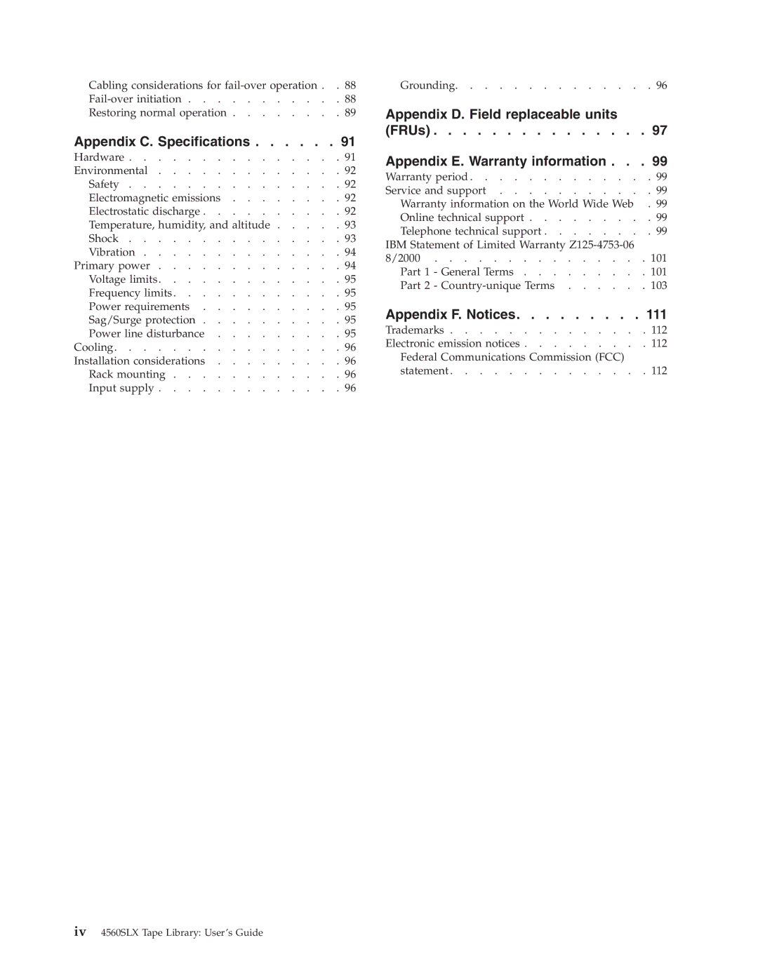 IBM 4560SLX warranty Appendix C. Specifications 