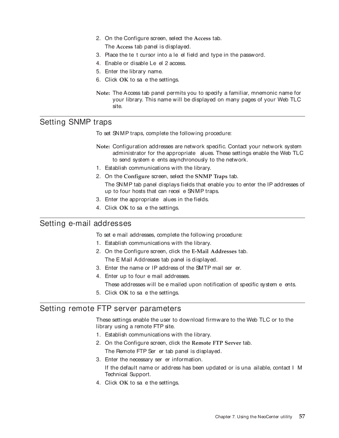 IBM 4560SLX warranty Setting Snmp traps, Setting e-mail addresses, Setting remote FTP server parameters 