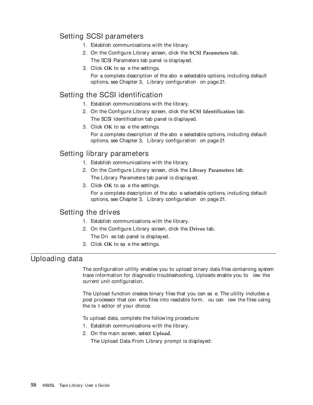 IBM 4560SLX Setting Scsi parameters, Setting the Scsi identification, Setting library parameters, Setting the drives 