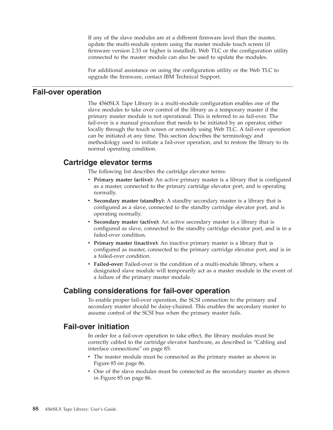 IBM 4560SLX warranty Fail-over operation, Cartridge elevator terms, Cabling considerations for fail-over operation 