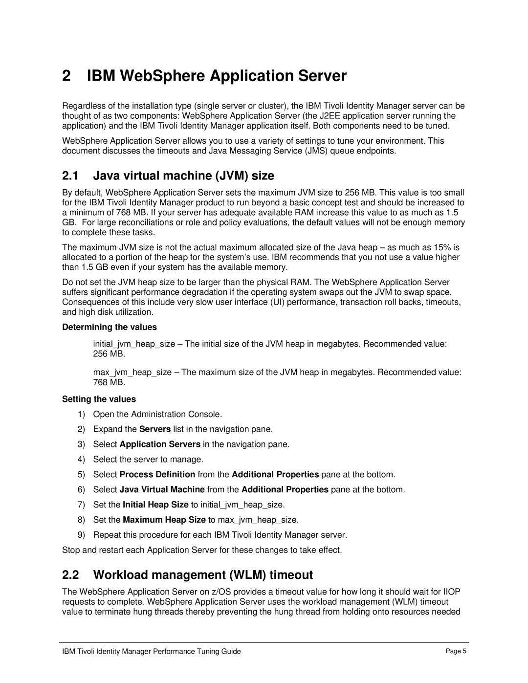 IBM 4.6 manual IBM WebSphere Application Server, Java virtual machine JVM size, Workload management WLM timeout 