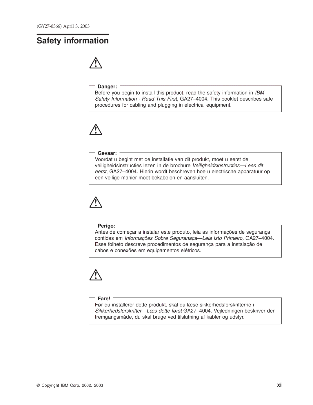 IBM 4610 manual Safety information, Gevaar 