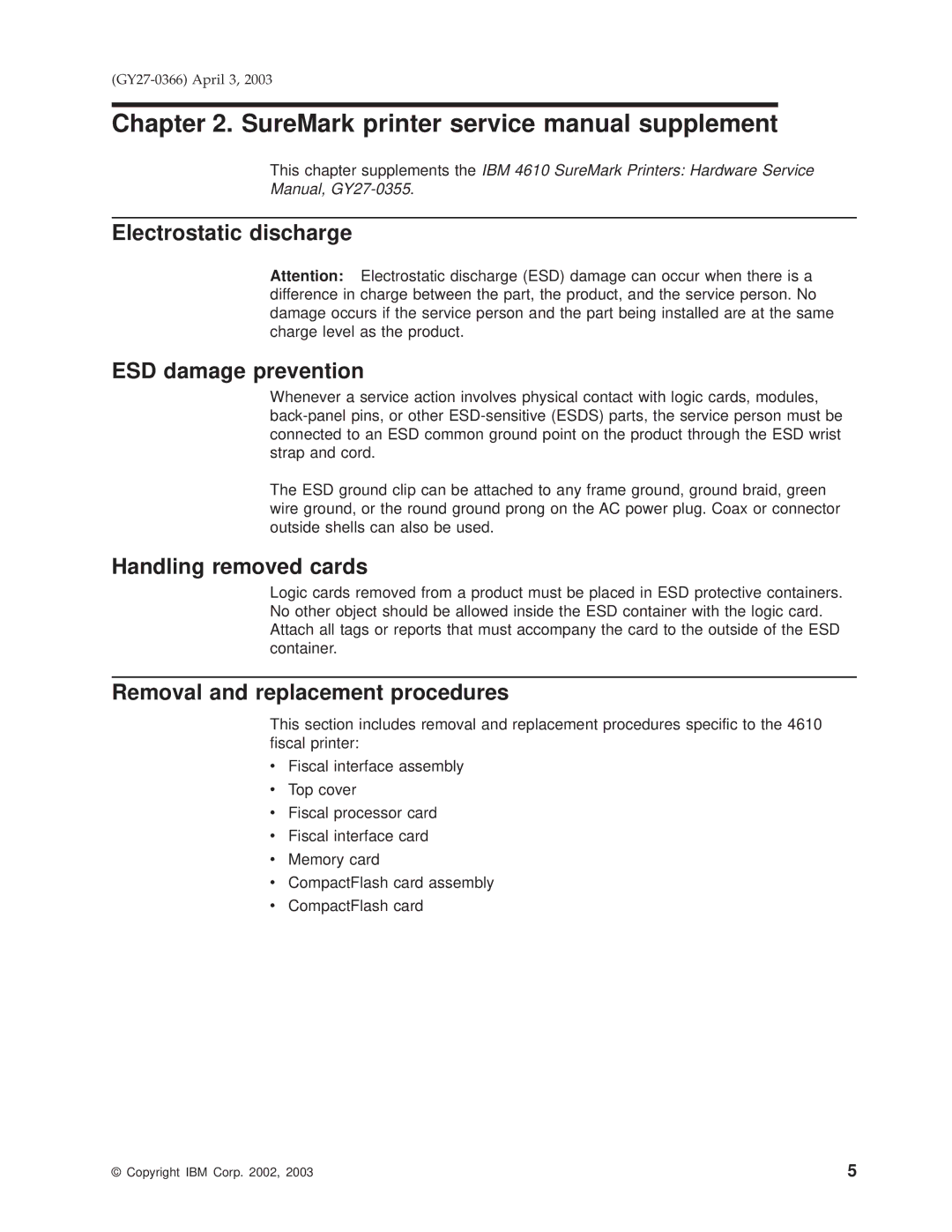 IBM 4610 manual Electrostatic discharge ESD damage prevention, Handling removed cards, Removal and replacement procedures 