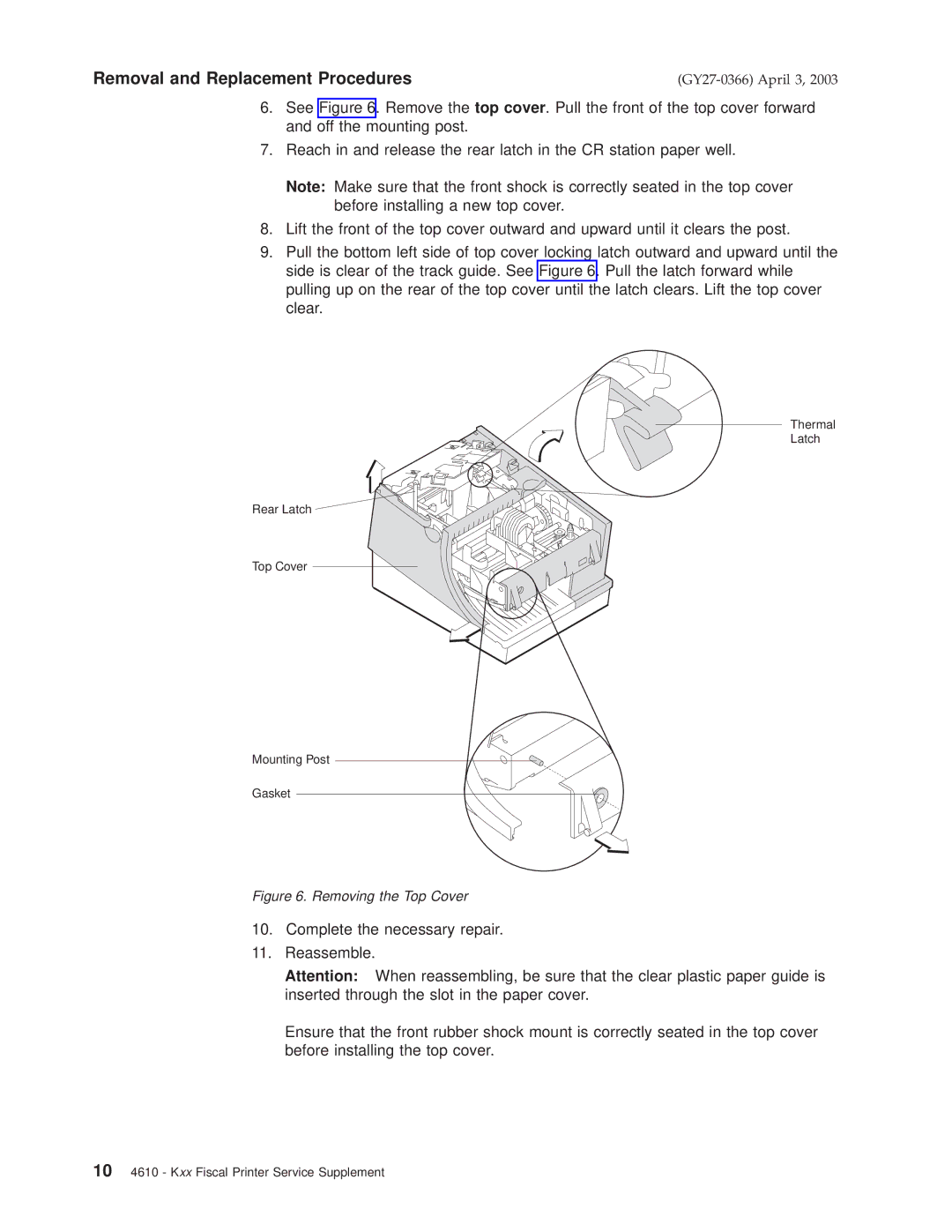 IBM 4610 manual Removing the Top Cover 