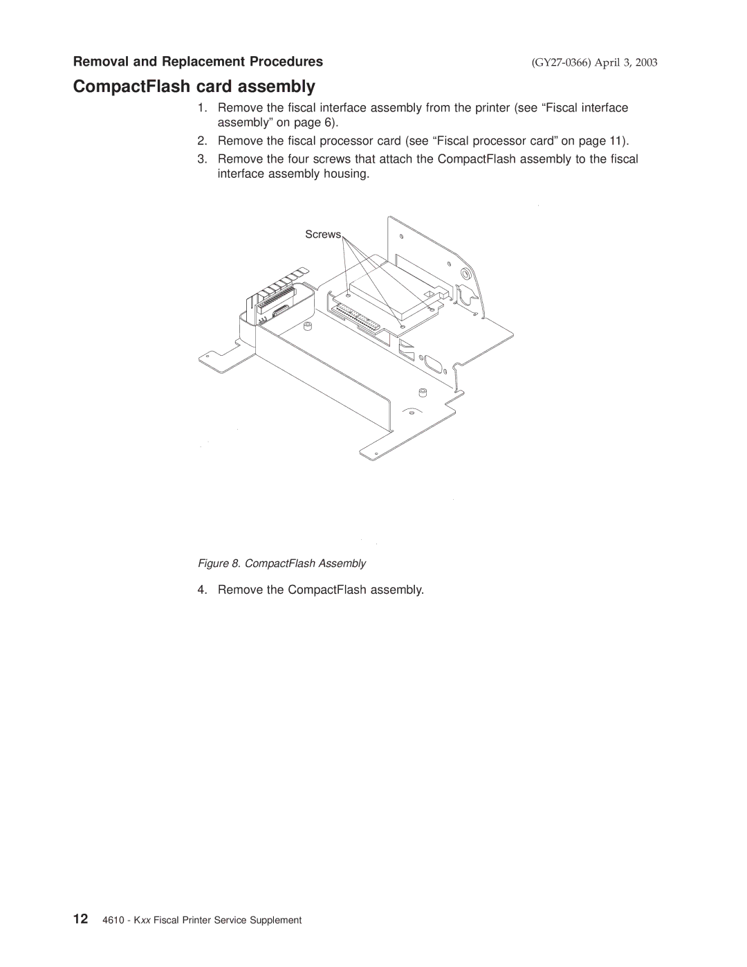 IBM 4610 manual CompactFlash card assembly, CompactFlash Assembly 