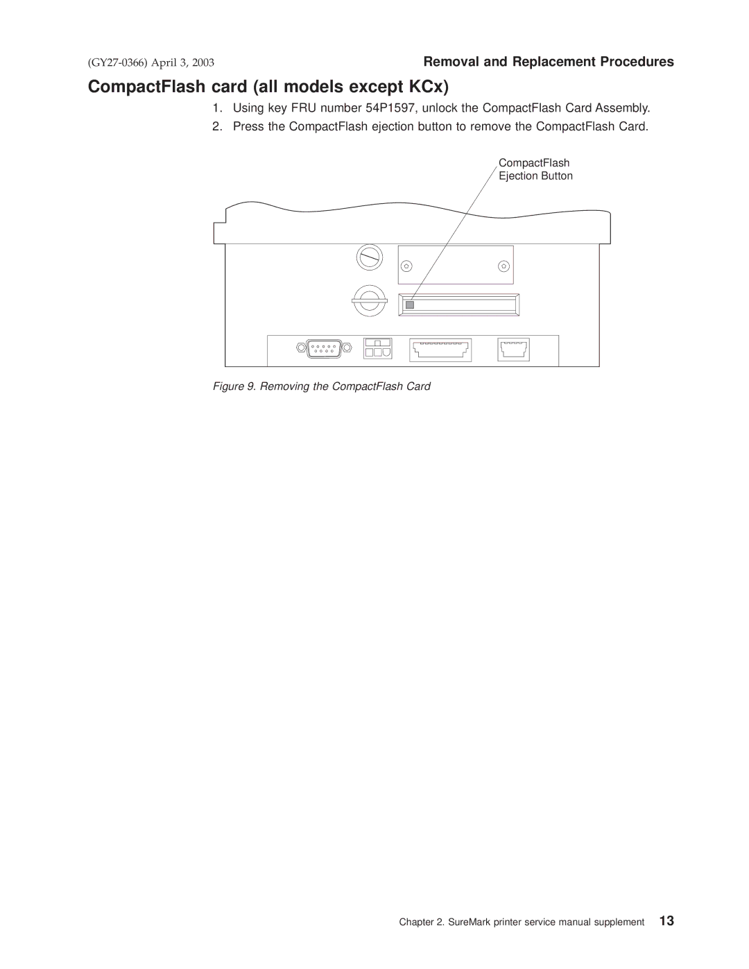 IBM 4610 manual CompactFlash card all models except KCx, Removing the CompactFlash Card 