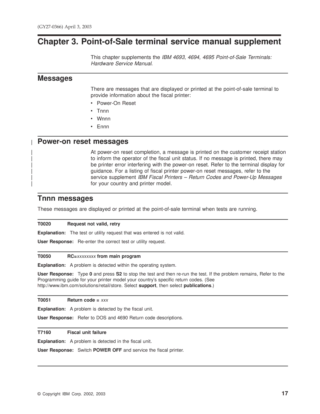 IBM 4610 manual Messages, Power-on reset messages, Tnnn messages 