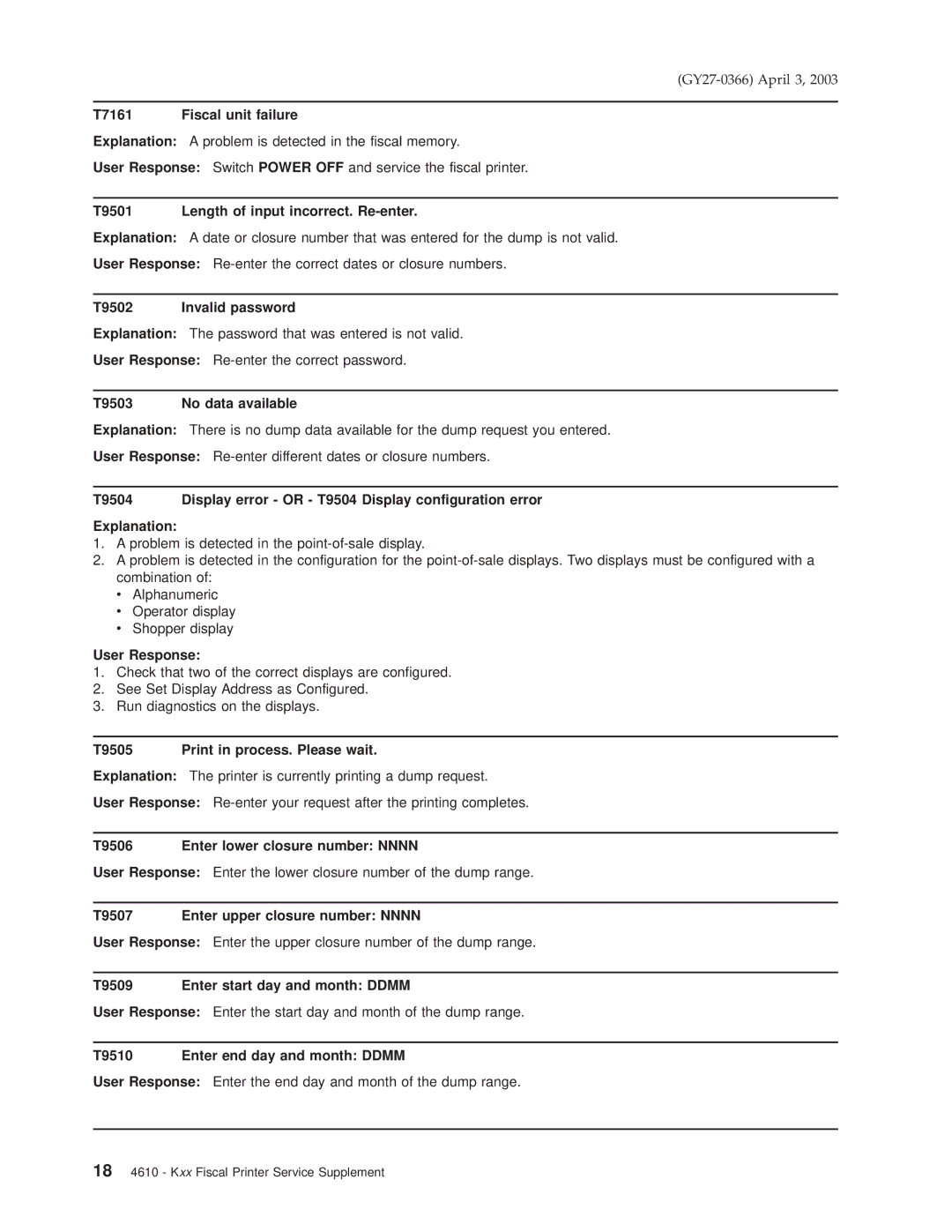 IBM 4610 manual T7161 Fiscal unit failure, T9501 Length of input incorrect. Re-enter, T9502 Invalid password, User Response 