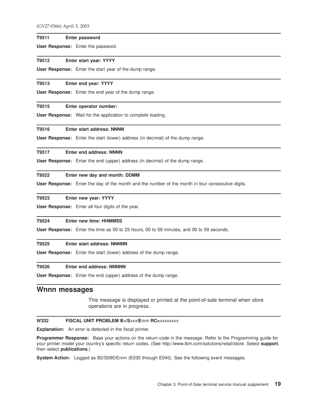 IBM 4610 manual Wnnn messages 