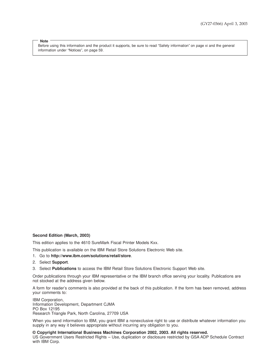 IBM 4610 manual GY27-0366 April 3, Second Edition March 