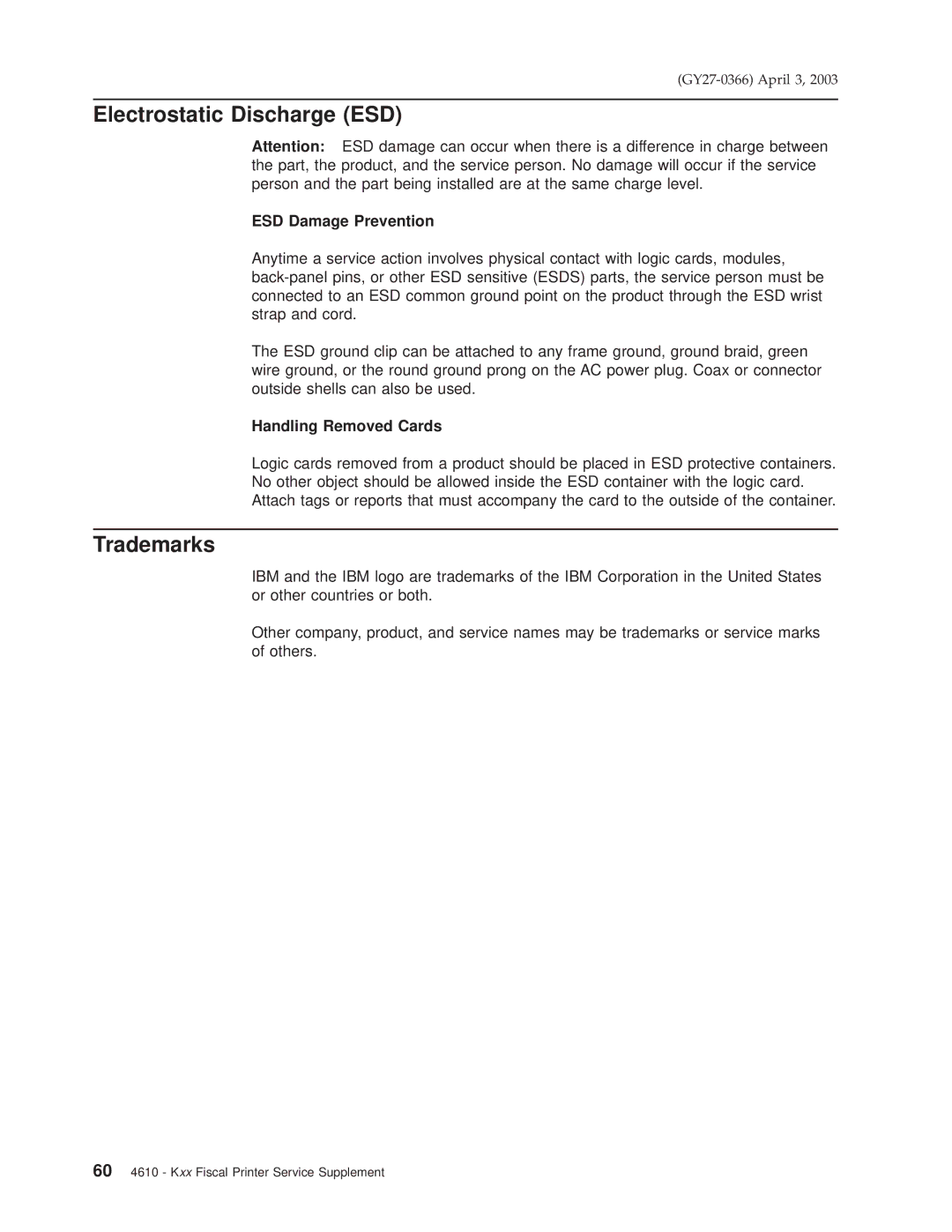 IBM 4610 manual Electrostatic Discharge ESD, Trademarks 