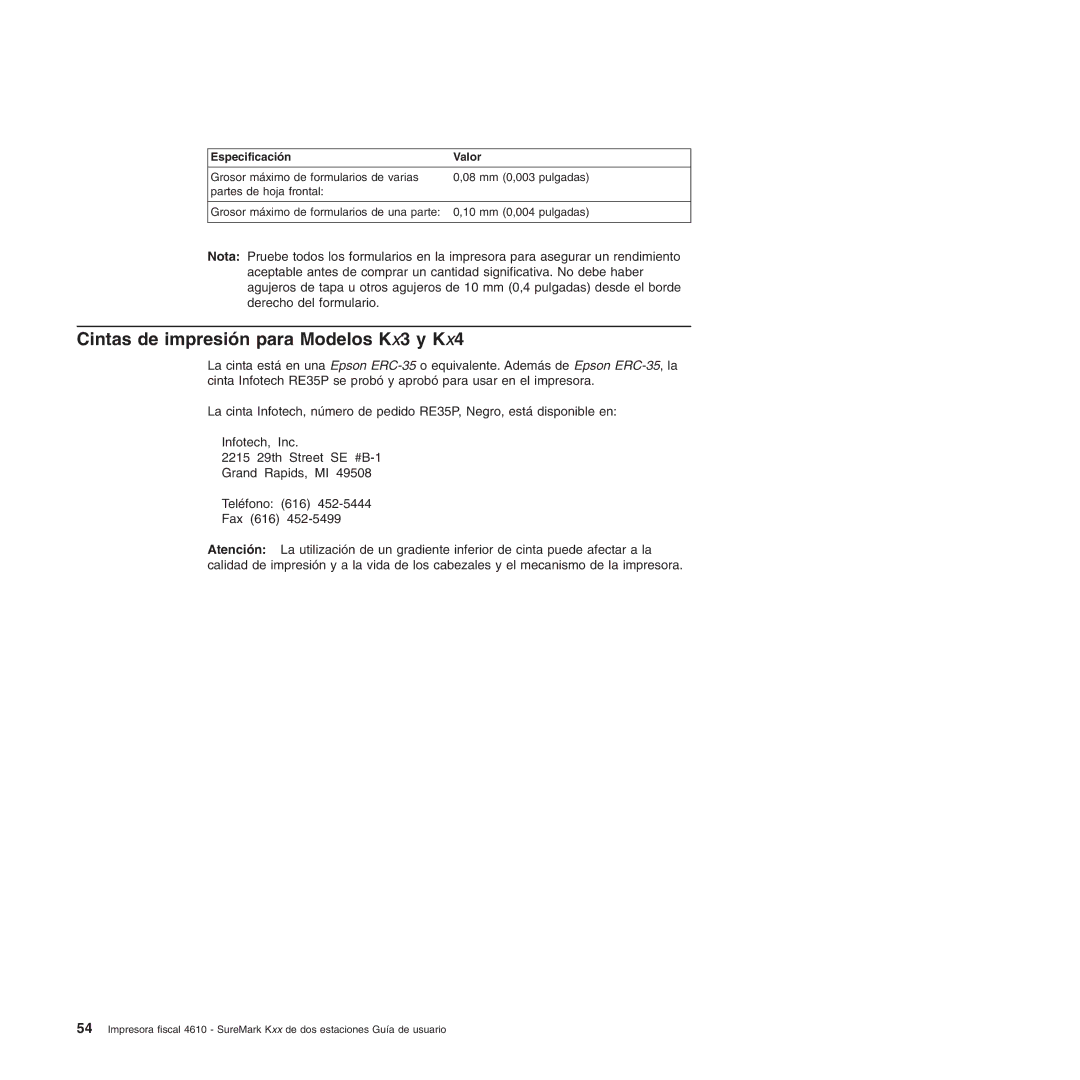 IBM 4610 manual Cintas de impresión para Modelos Kx3 y Kx4 