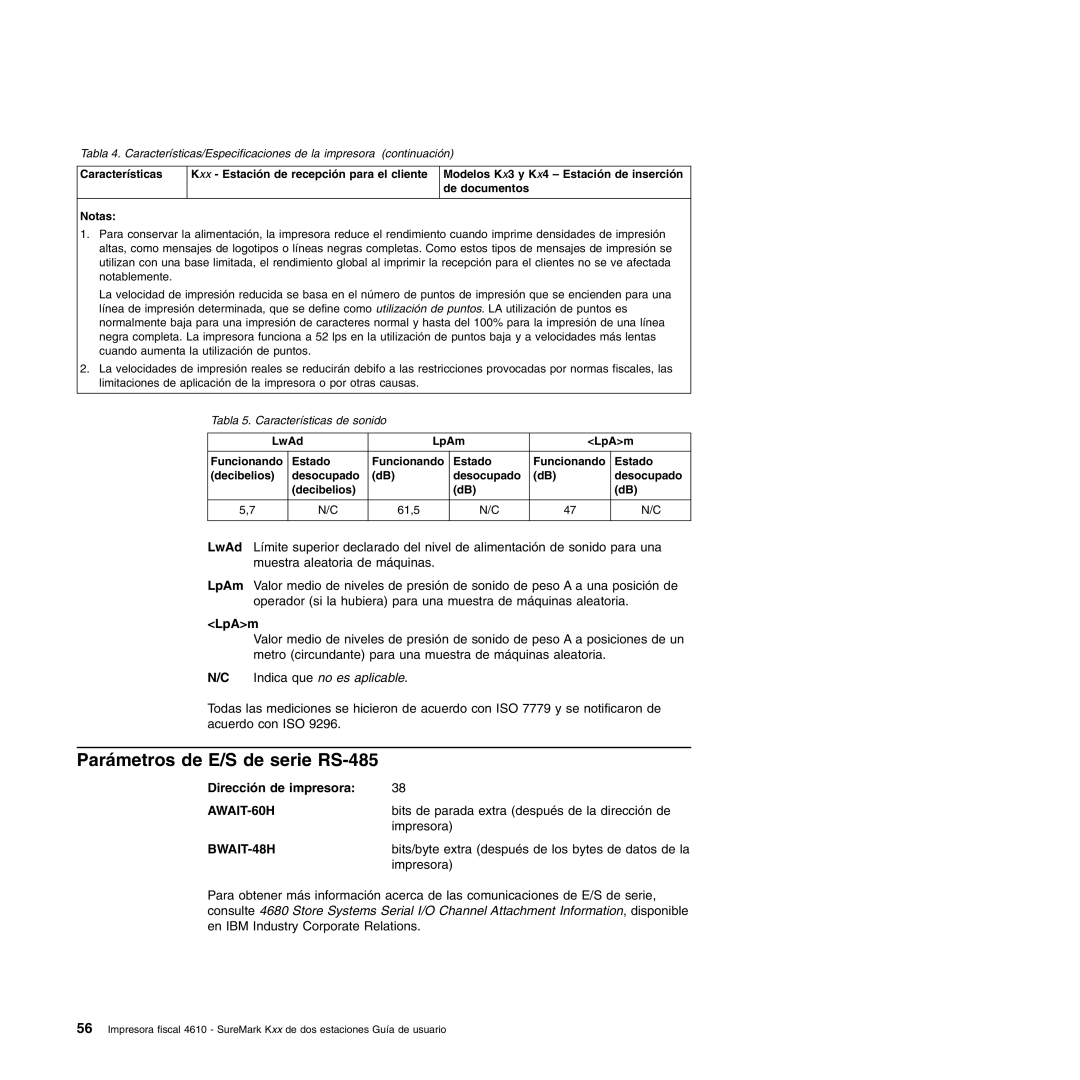 IBM 4610 manual Parámetros de E/S de serie RS-485, LpAm, Dirección de impresora 