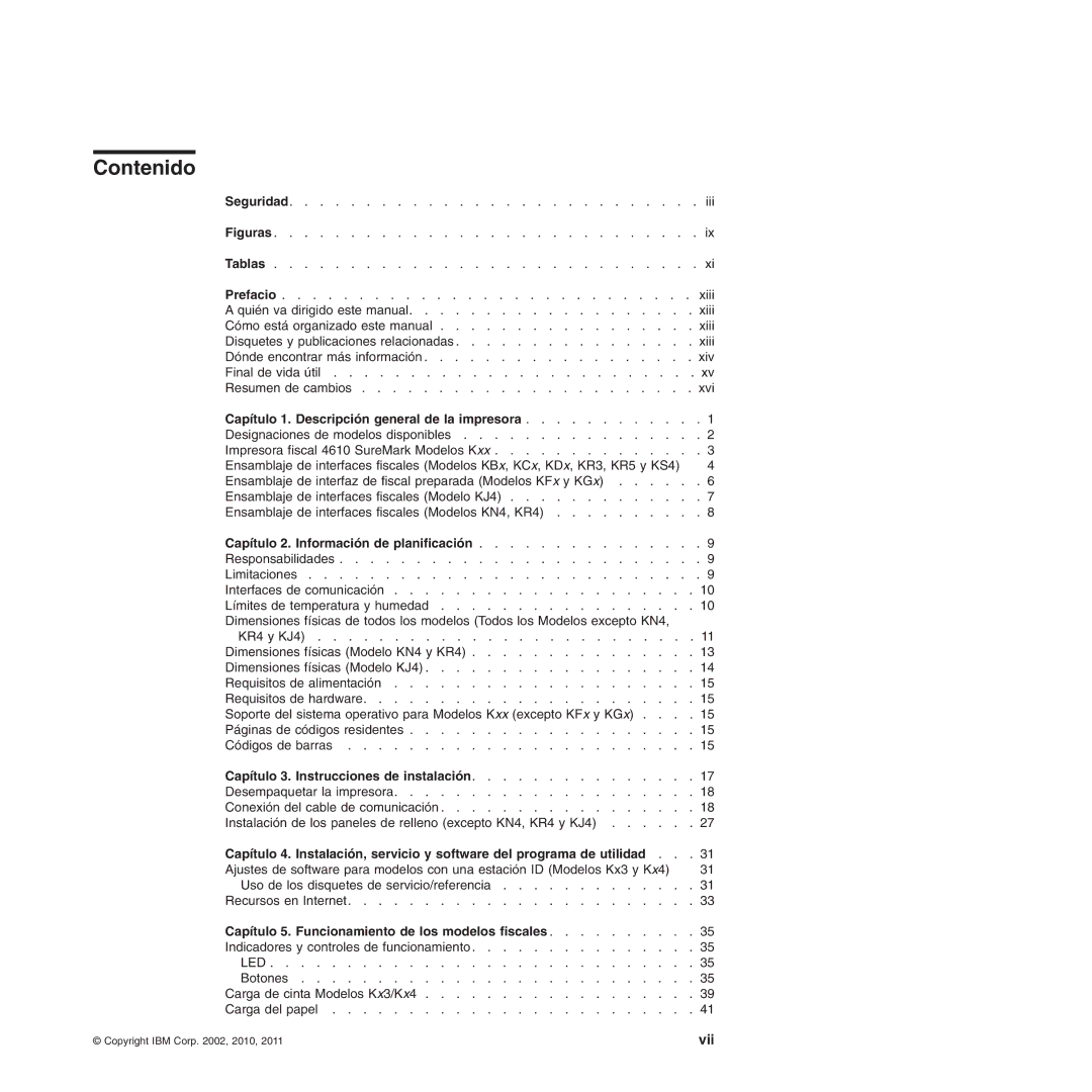 IBM 4610 manual Contenido, Capítulo 1. Descripción general de la impresora, Capítulo 2. Información de planificación 