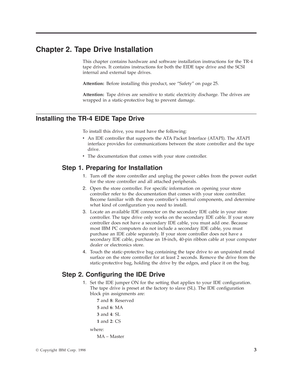 IBM 4690 Tape Drive Installation, Installing the TR-4 Eide Tape Drive, Preparing for Installation, Conguring the IDE Drive 