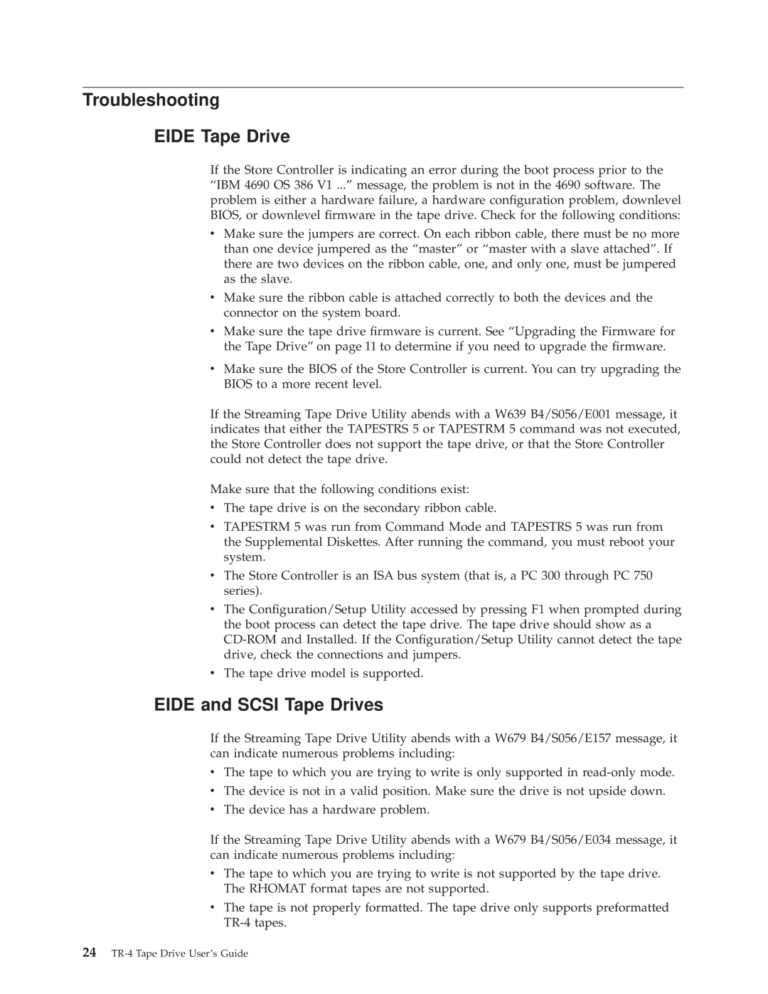 IBM 4690 manual Troubleshooting Eide Tape Drive, Eide and Scsi Tape Drives 