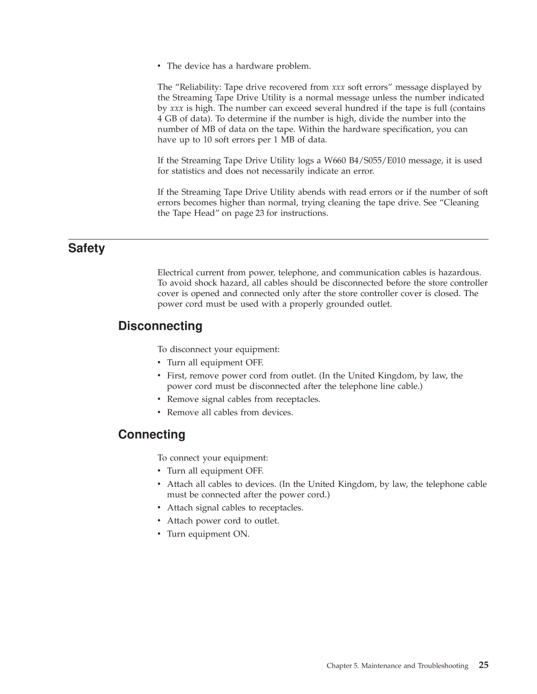 IBM 4690 manual Safety, Disconnecting, Connecting 