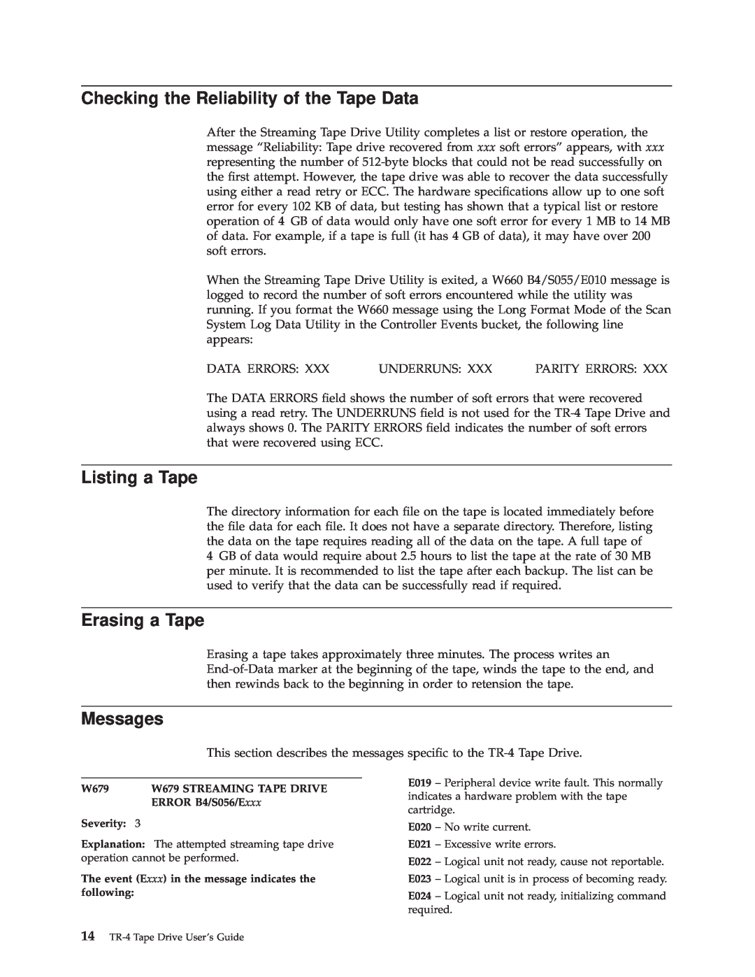 IBM 4690 manual Checking the Reliability of the Tape Data, Listing a Tape, Erasing a Tape, Messages 