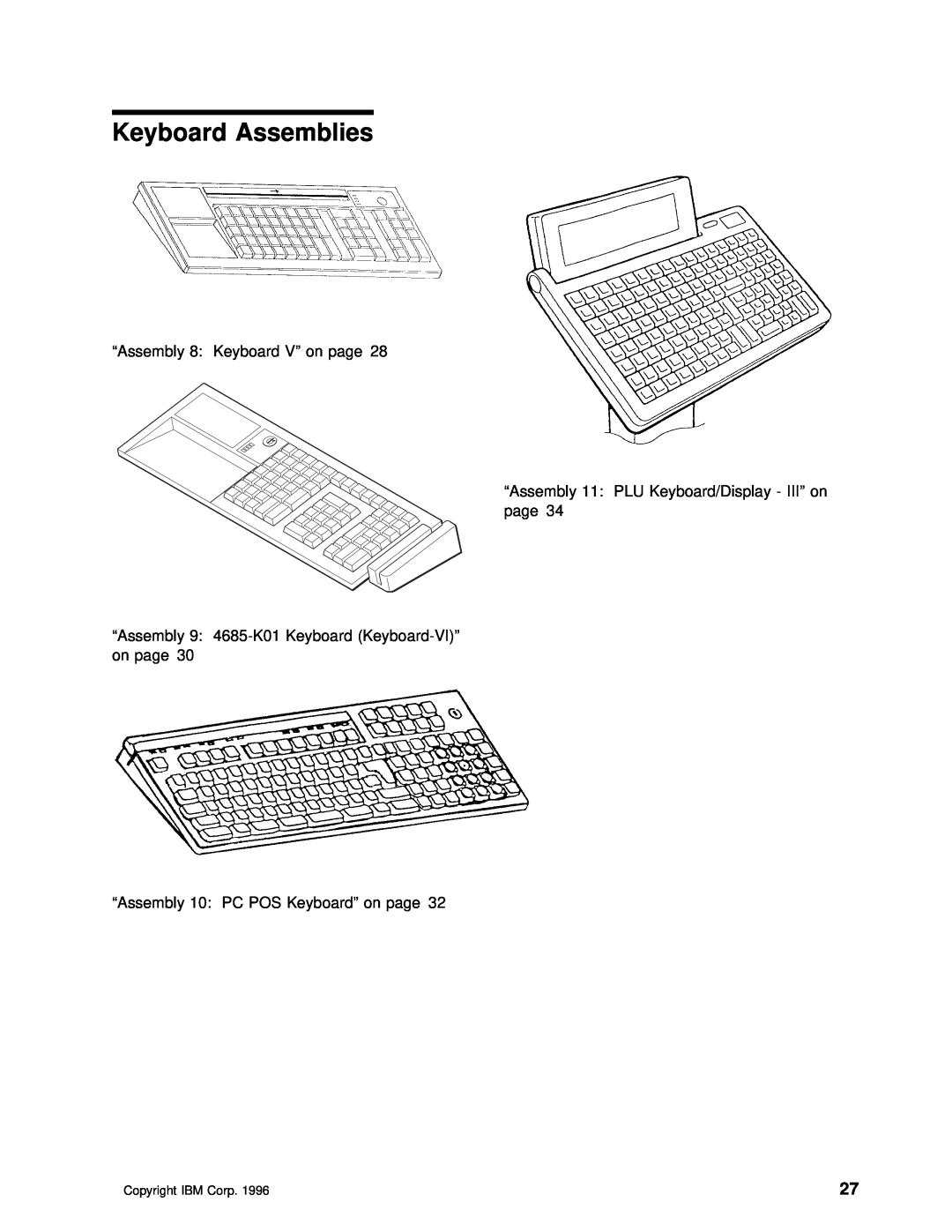 IBM 4694 DBCS FAMILY manual Keyboard Assemblies, “Assembly 8 Keyboard V” on page, “Assembly 10 PC POS Keyboard” on page 