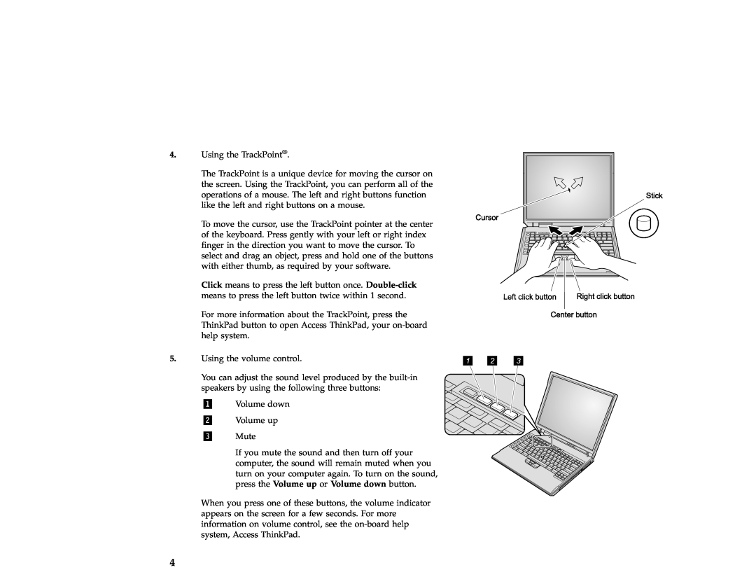 IBM 46P4842 setup guide Using the TrackPoint, Using the volume control, Volume down Volume up Mute 