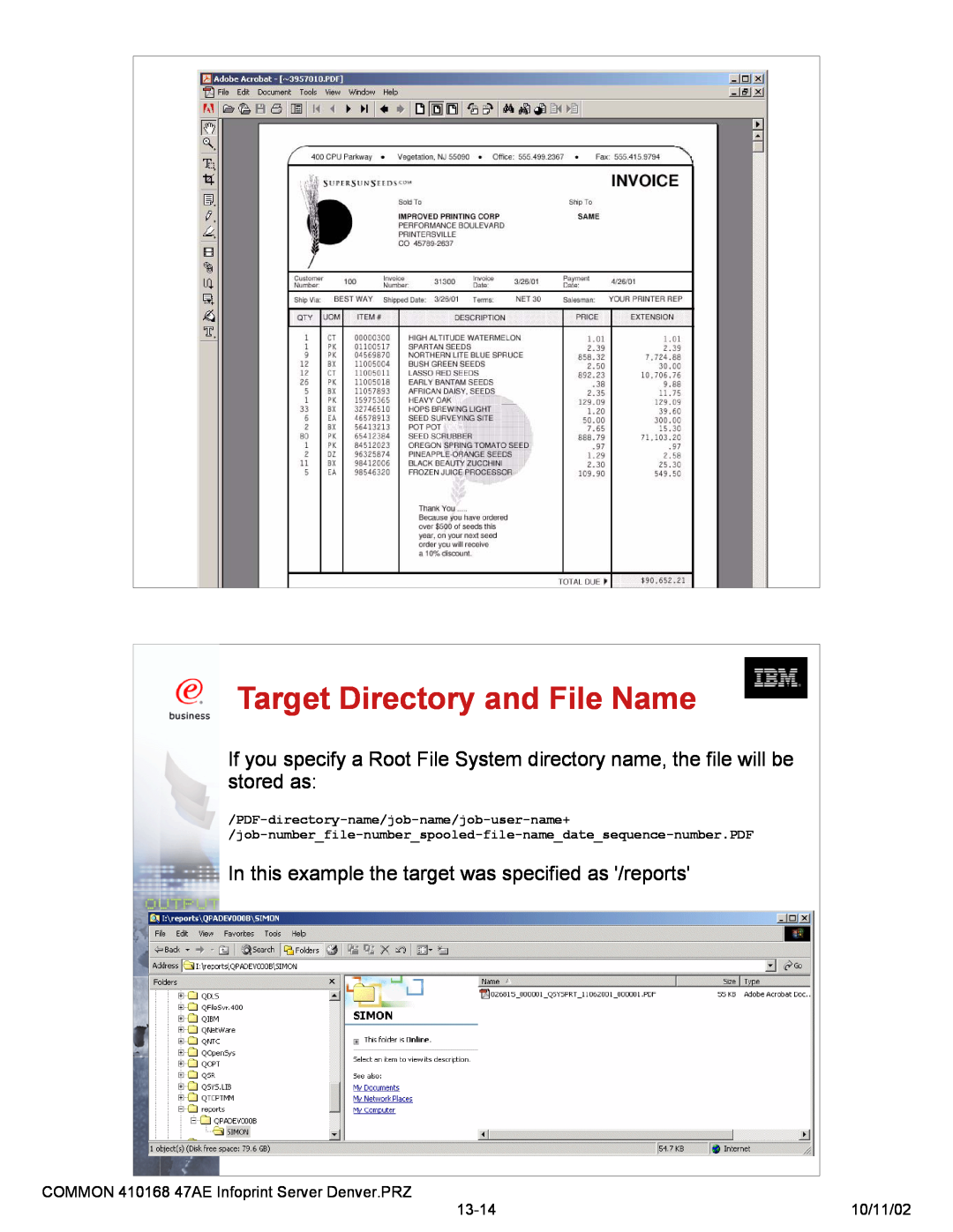IBM 47AE - 410168 manual Target Directory and File Name, In this example the target was specified as /reports 