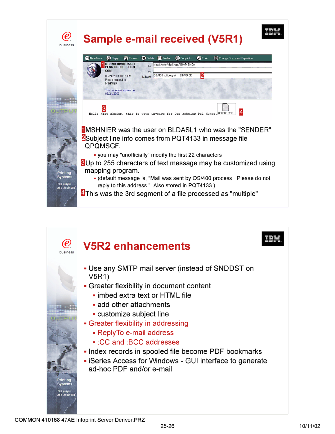 IBM 47AE - 410168 manual Sample e-mail received V5R1, V5R2 enhancements 
