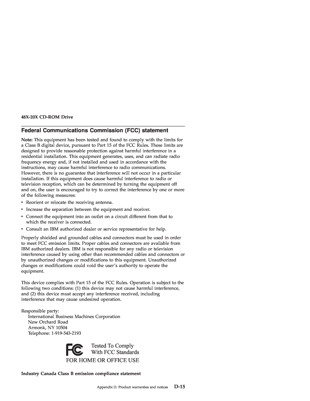 IBM manual Federal Communications Commission FCC statement, D-15, 48X-20X CD-ROM Drive 