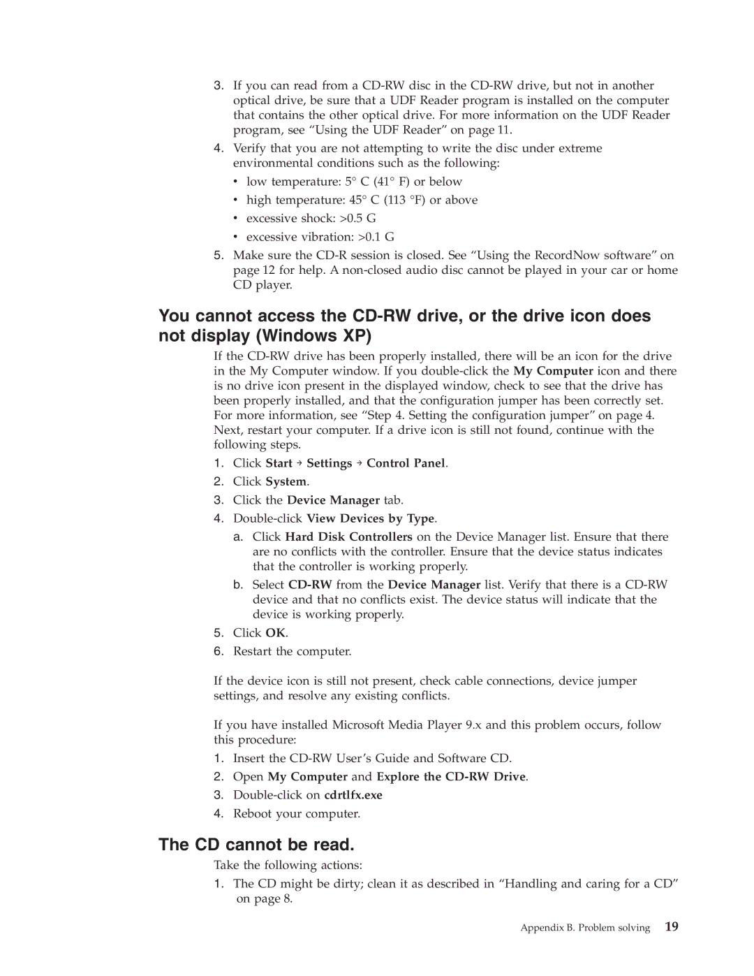 IBM 48X manual CD cannot be read, Click Start → Settings → Control Panel, Open My Computer and Explore the CD-RW Drive 