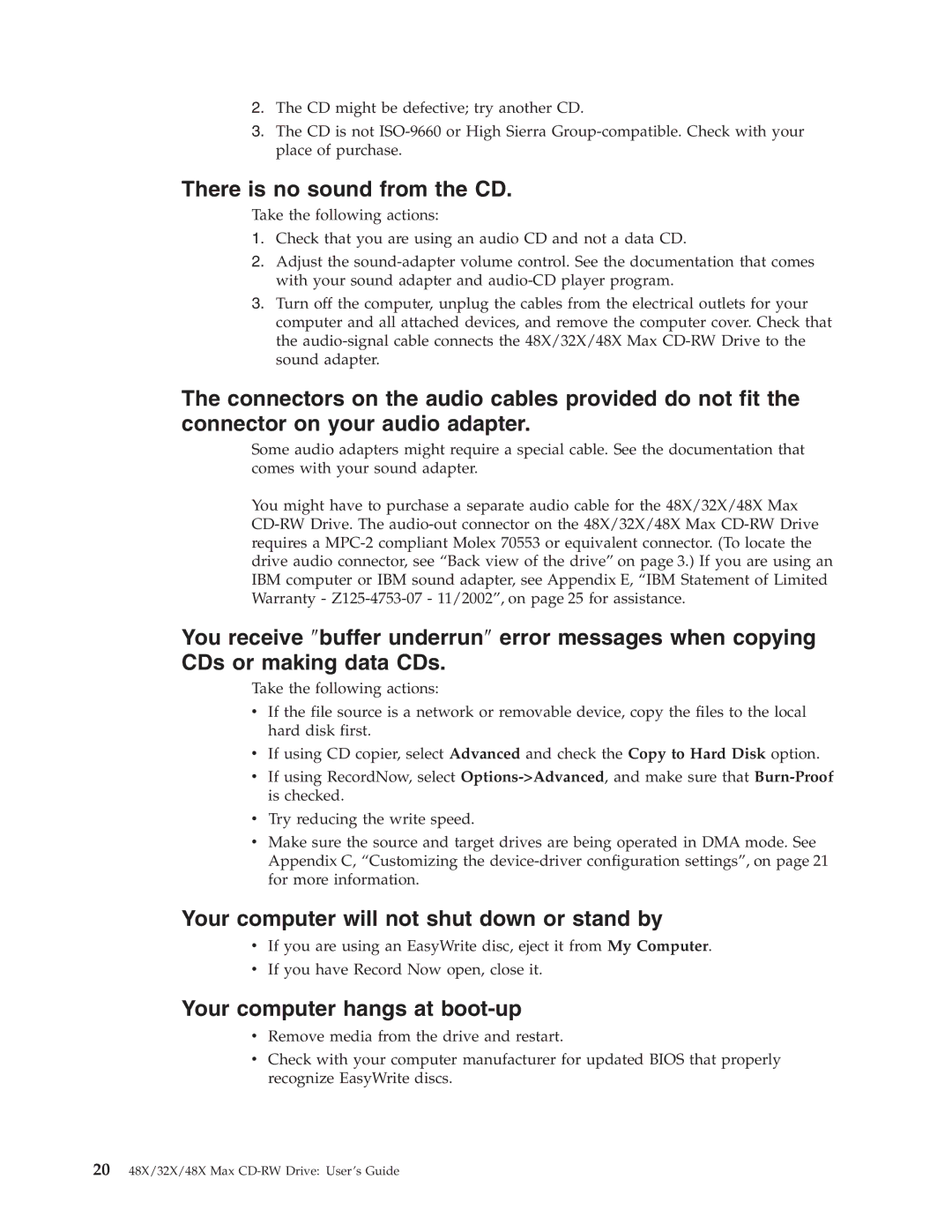 IBM 48X manual There is no sound from the CD, Your computer will not shut down or stand by, Your computer hangs at boot-up 