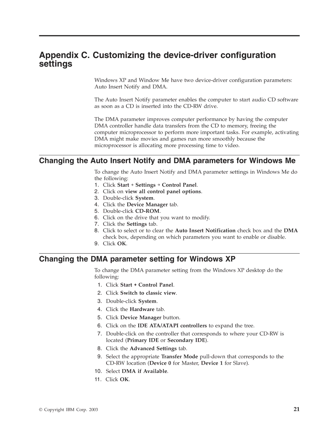 IBM 48X manual Changing the DMA parameter setting for Windows XP 