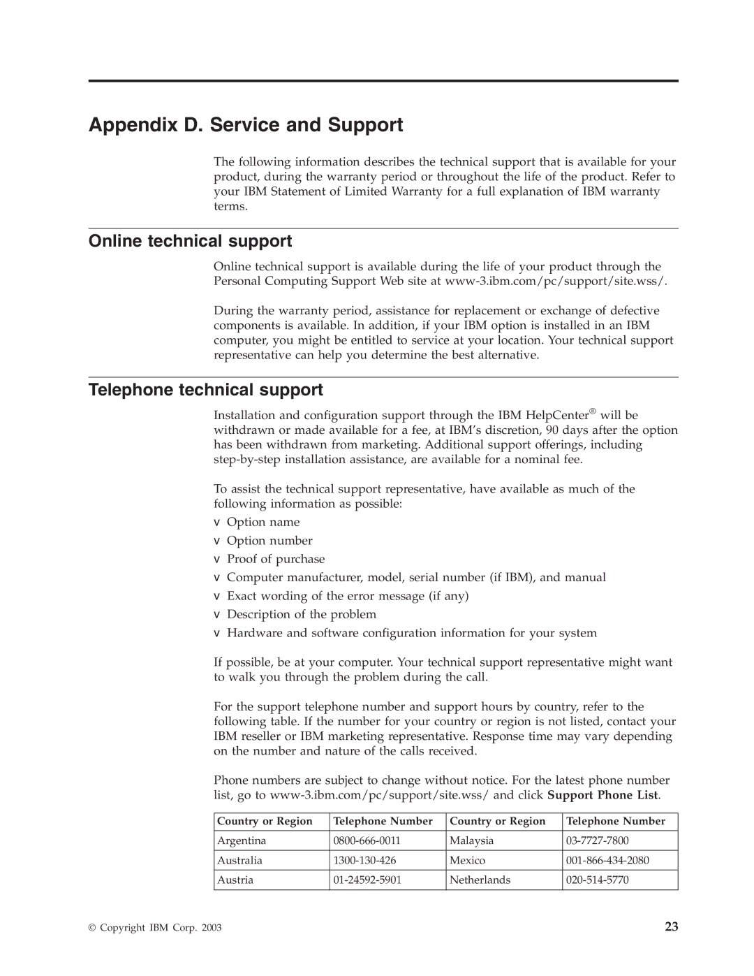 IBM 48X manual Appendix D. Service and Support, Online technical support, Telephone technical support 