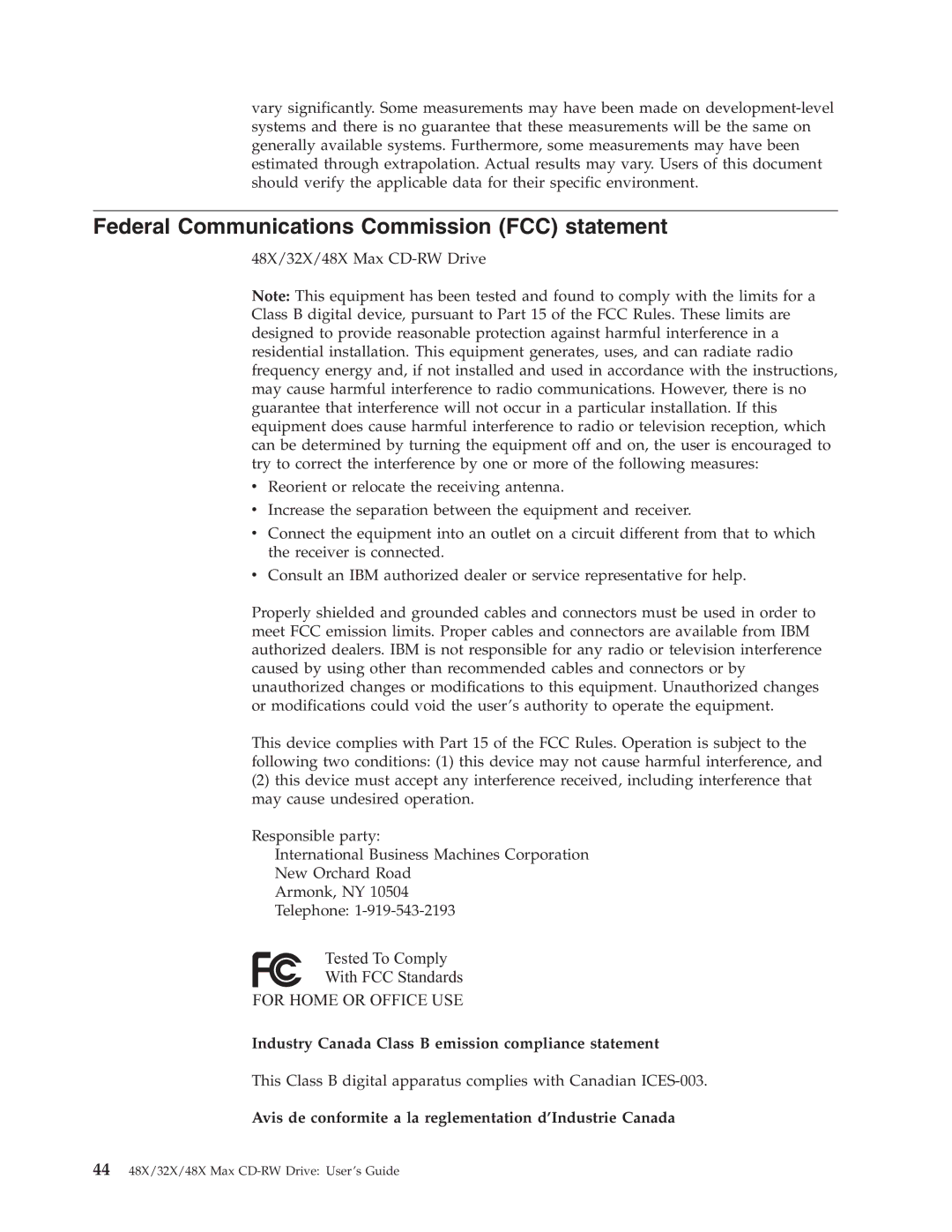 IBM 48X manual Federal Communications Commission FCC statement, Industry Canada Class B emission compliance statement 