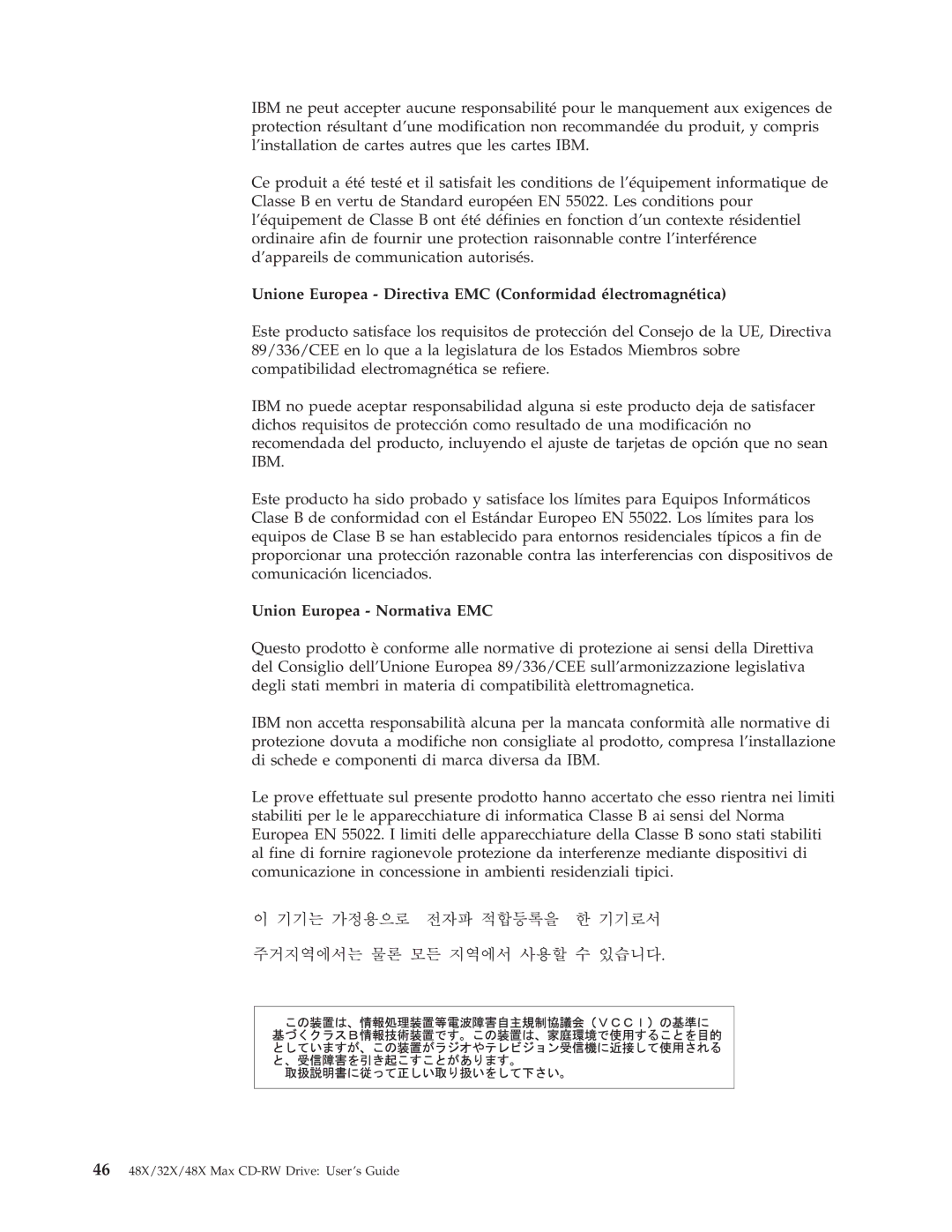 IBM 48X manual Unione Europea Directiva EMC Conformidad électromagnética, Union Europea Normativa EMC 